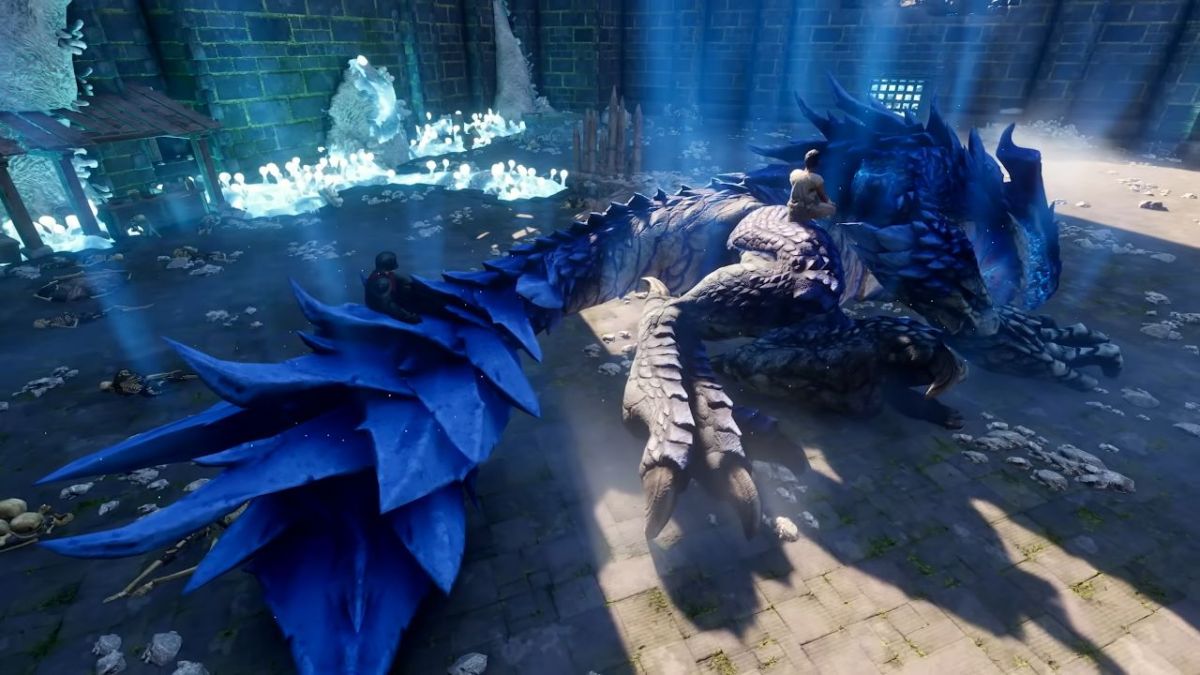 Image of players sitting on top of a creature in Enshrouded.