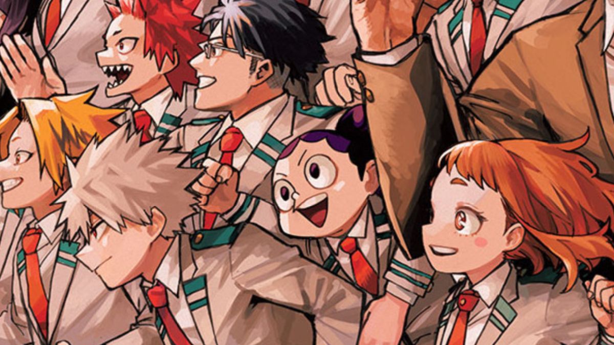 The full cast of My Hero Academia running in their school uniforms