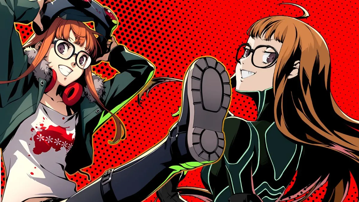 Official artwork of Futaba Sakura fro Persona 5 overlayed into a collage style image